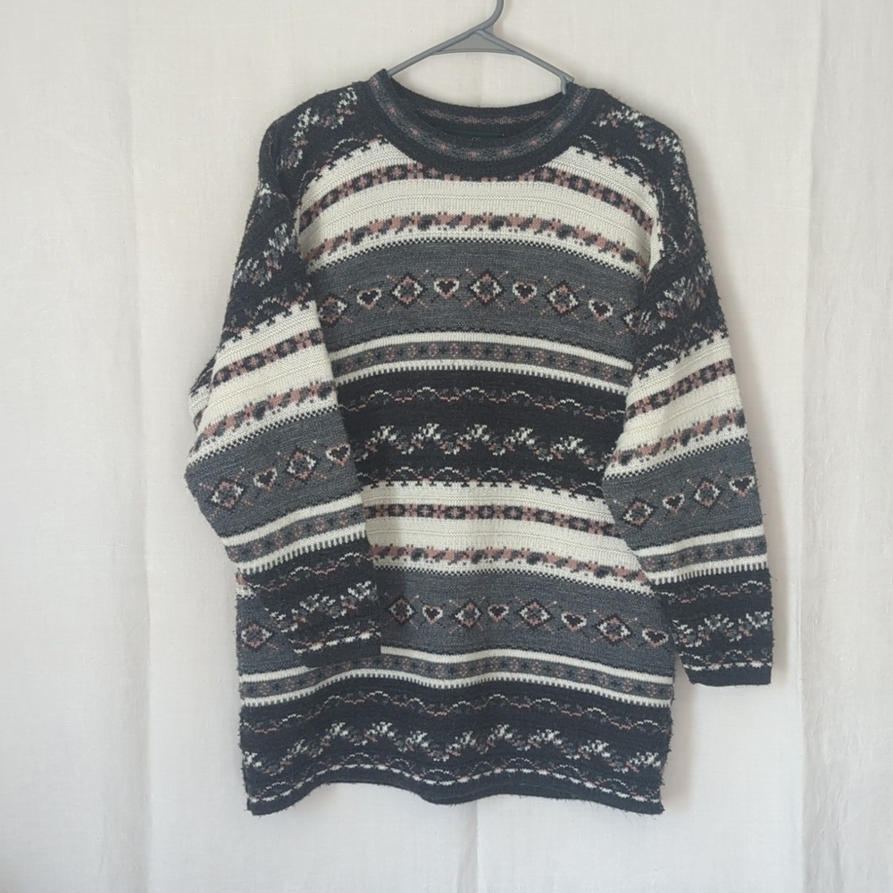Dana Scott Grey White Fair Isle Print Crewneck Sweater Size Medium